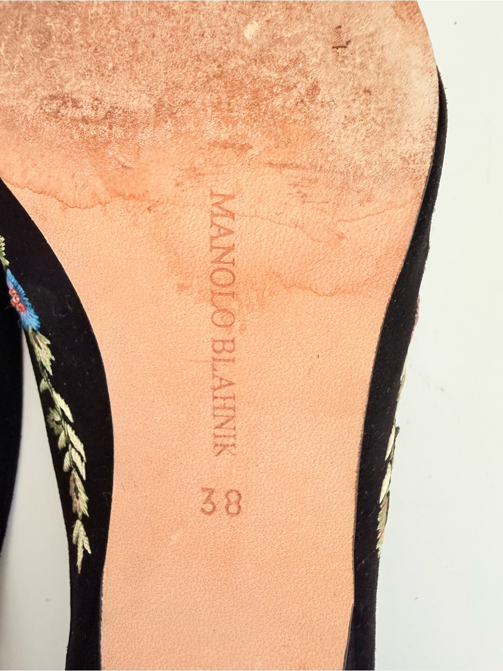 Vintage Manolo Blahnik Black Suede Floral Embroidered Mules Heels 38 - Picture 7 of 9
